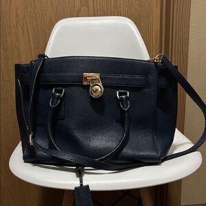 Michael Kors Dark Blue Satchel with Gold Accents